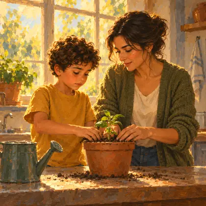 Mãe e filho plantando uma muda em um vaso