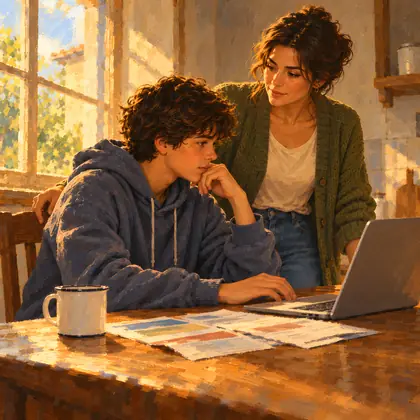 Mãe e filho adolescente estudando juntos diante de um notebook