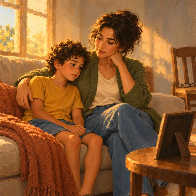 Mãe e filho abraçados no sofá