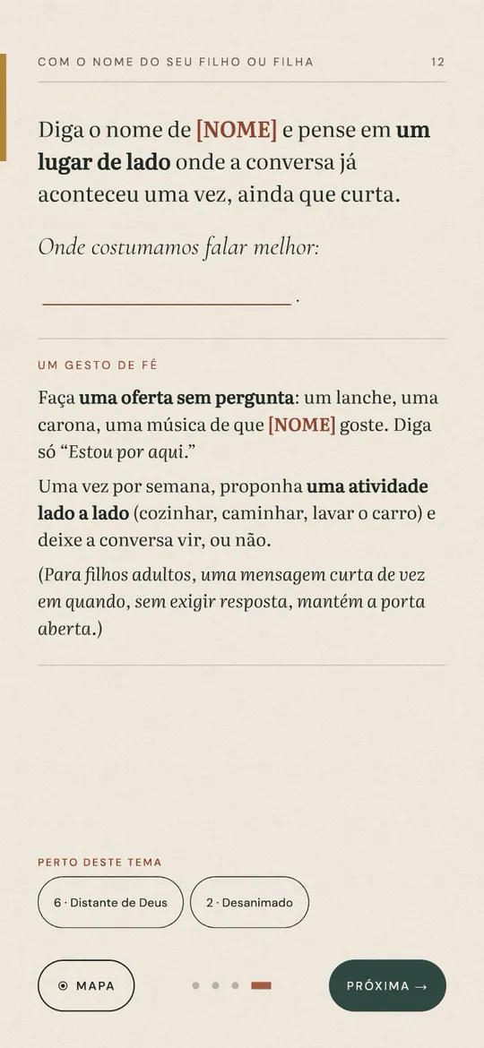 Página com o nome do filho, o gesto de fé e situações relacionadas